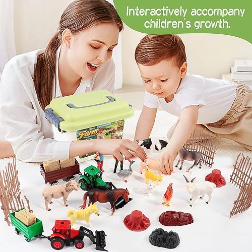 Miniatura 4 de Juego de 32 piezas de granja para niños pequeños de 1 a 3 figuras de animales de plástico, juguetes de tractor de granja doble para niños, caja de