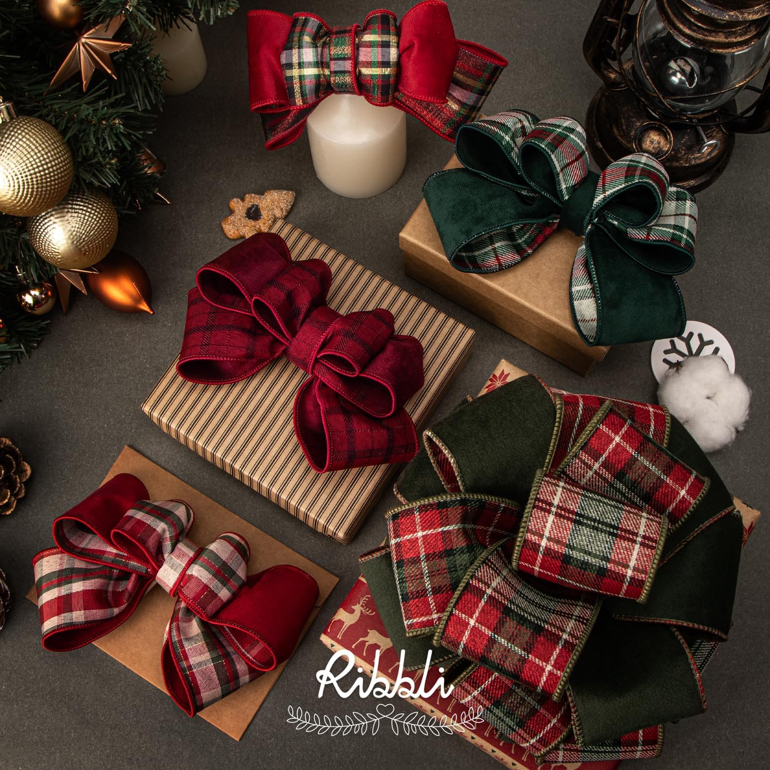 Ribbli レッドベルベットワイヤーリボン メタリックチェック柄リバーシブル2.5インチ クリスマスリボン ギフトラッピング用 ク
