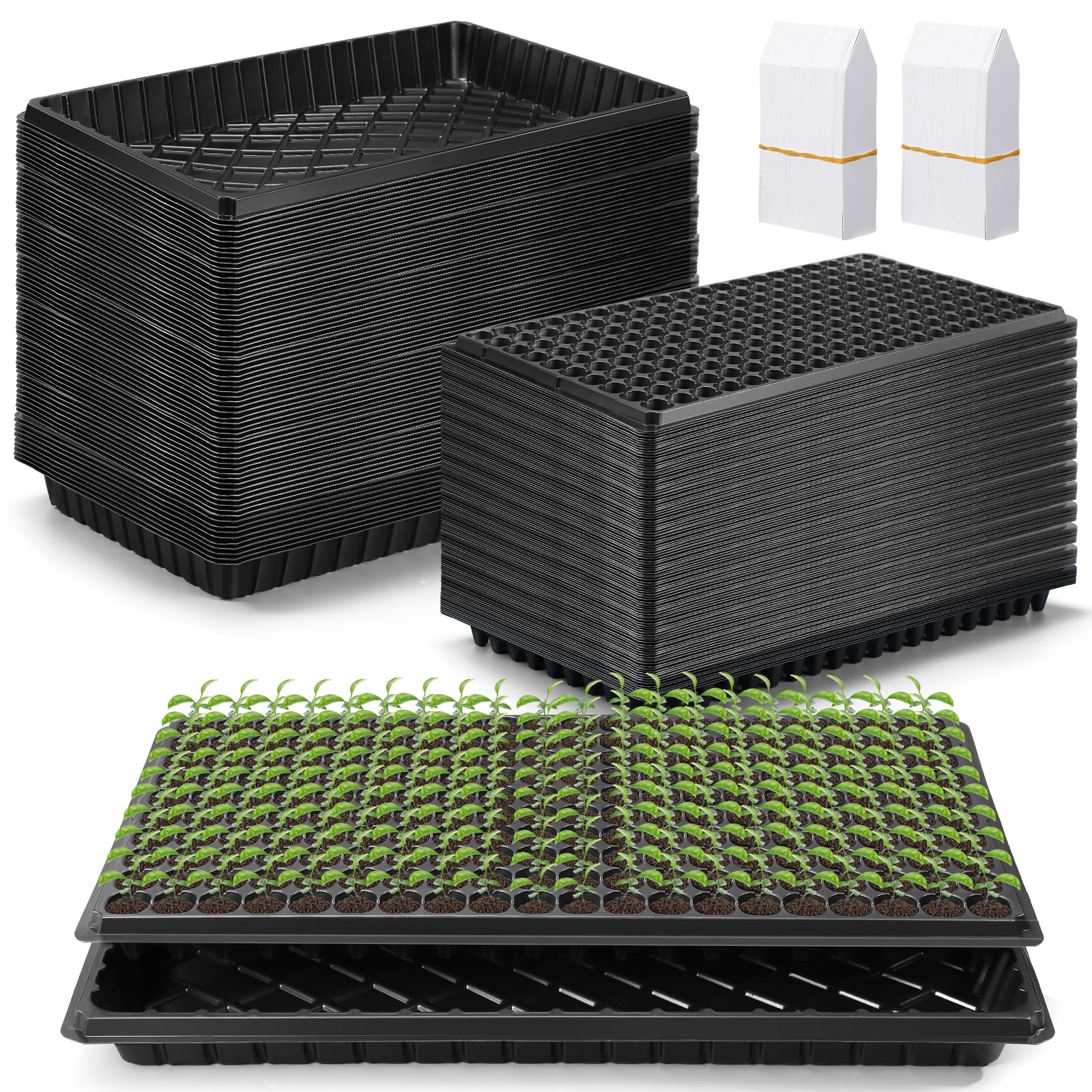 Hushee Paquete de 10 bandejas de cultivo de semillas de microgreens, 1020 bandejas sin agujeros, 10 bandejas de enchufe de 200 celdas y 100 etiquetas, bandejas de cultivo de plantas, bandejas de