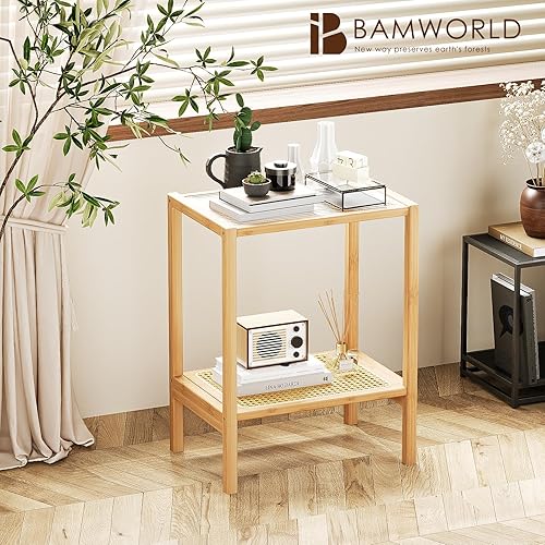 Miniatura 16 de Bamworld Mesa auxiliar de ratán para sala de estar, mesa auxiliar bohemia de 2 niveles con almacenamiento, mesa de noche moderna de mediados de Mesa