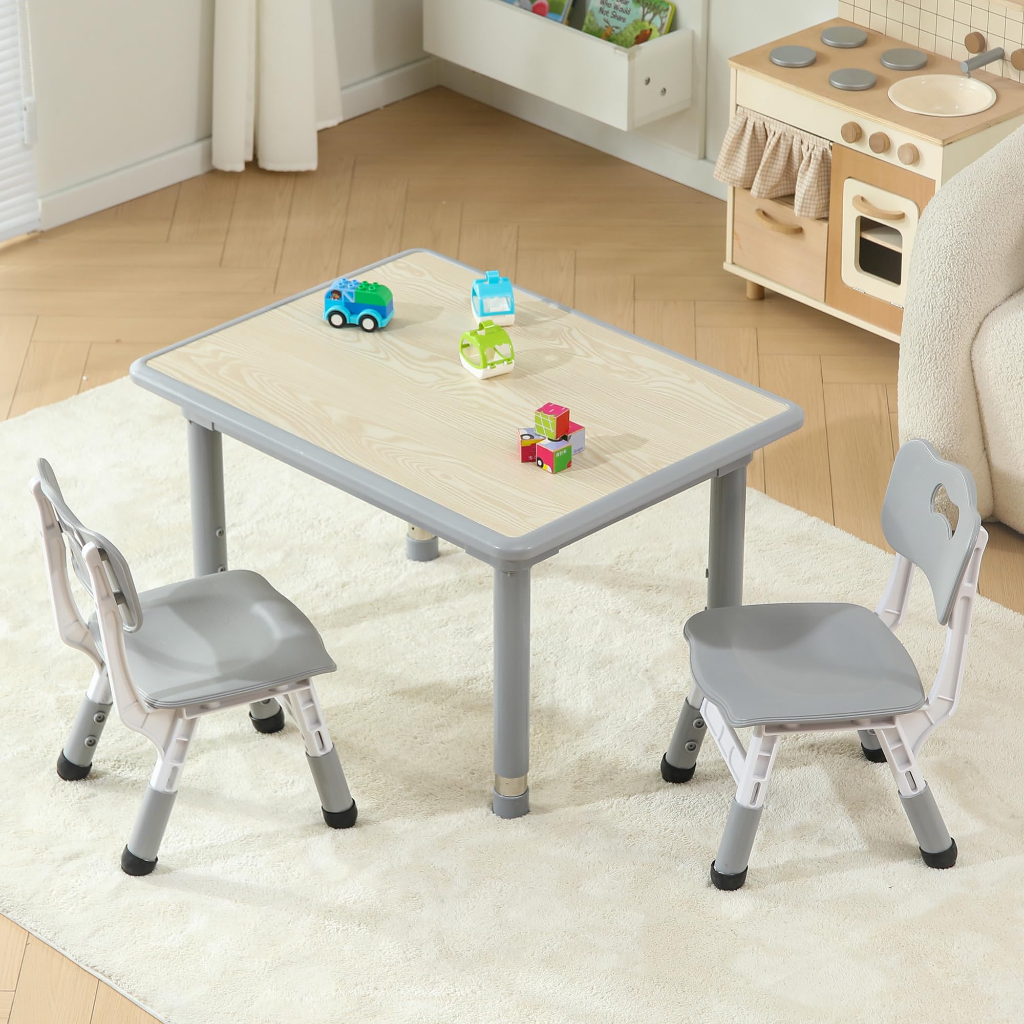 SINKIPA Todder Table and Chairs, 31.5''L x 23.6''W Sturdy Kids Activity Table with Stainless Steel Legs, Kids Table and 2 Chairs with Anti-Slip Foot Covers, Graffiti Desktop