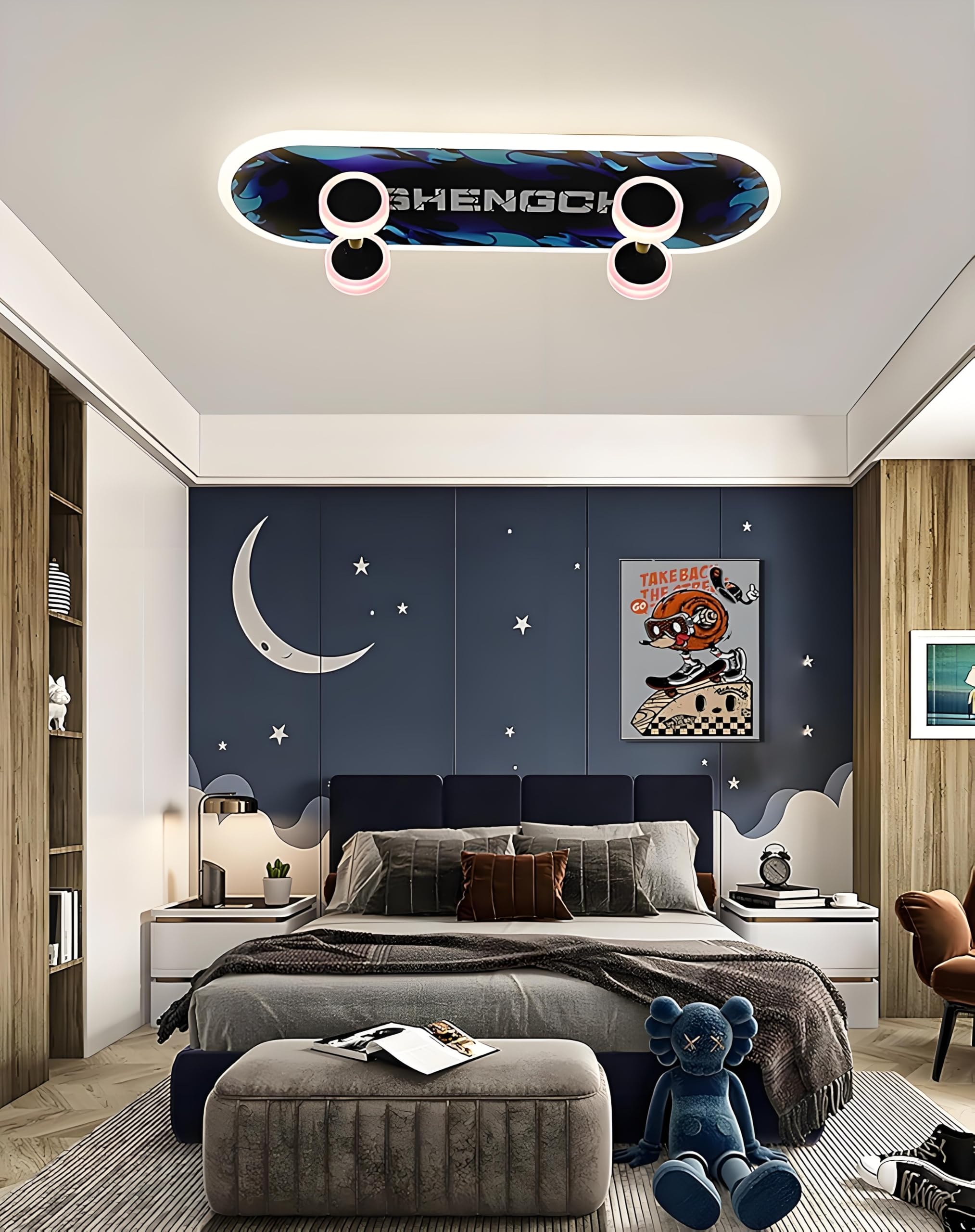 LED Deckenleuchte - Kinderzimmer Lampe Decke Dimmbar mit Fernbedienung & APP, RGB Farbwechsel Kinder Deckenlampe, Kreative Skateboard Leuchte für Deko Junge/Mädchen Schlafzimmer, 32W, L60CM