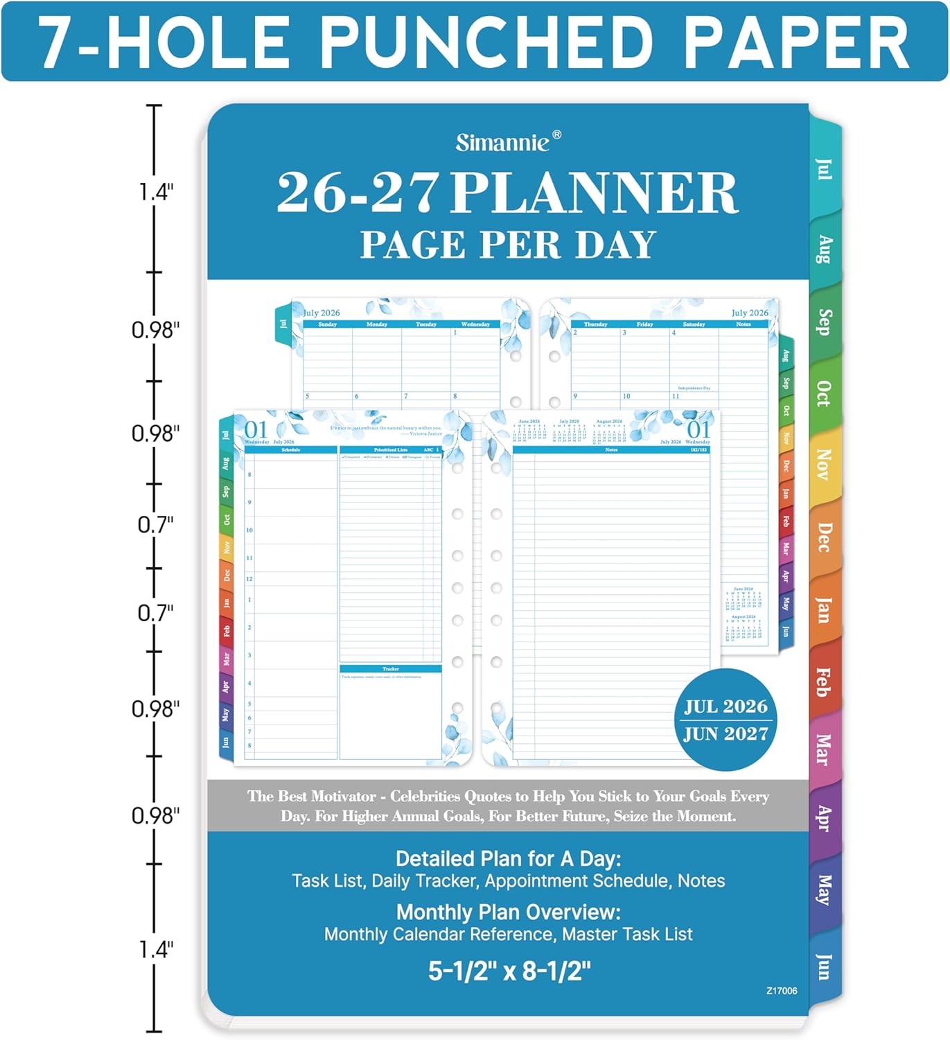2026-2027 Planner Refills – July 2026 - June 2027, Daily Planner Refills 2026-2027, Two Pages Per Day Daily & Monthly Planner Inserts, 8.38" x 5.51", Ring-Bound with Tabs