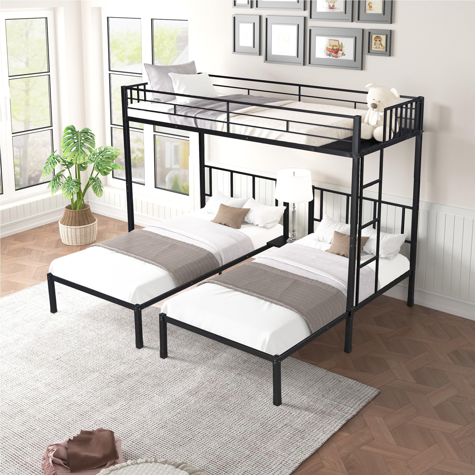 Tmosi Triple Bunk Beds, 3 Twin Bunk Beds for Kids Teens Boys Grils,Metal Heavy Duty Bunk Bed with Guardrail Ladder,Convert into 3 Twin Beds (Black)