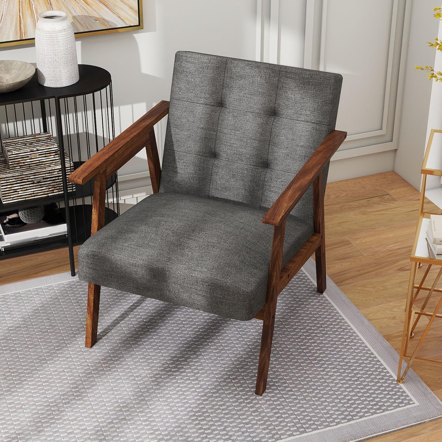 Yctze Mid Century Modern Chair with Solid Wood Frame - Comfy Upholstered Armchair in Dark Gray for Living Room, Reading, and Relaxing