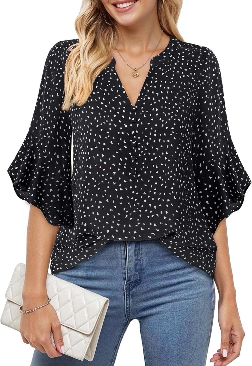 Lotusmile Womens 3/4 Sleeve Tops Dressy Business Casual Outfits V Neck Chiffon Work Blouses