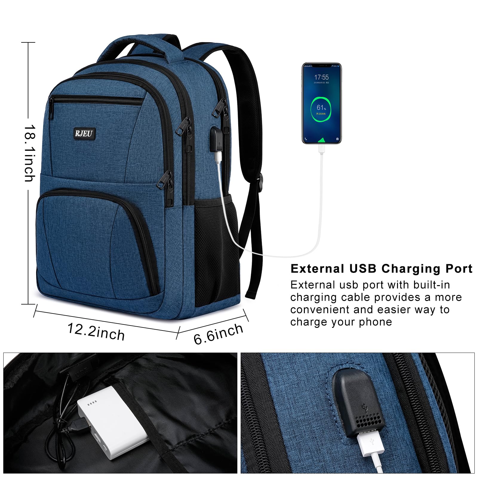 RJEU Zaino Uomo, Zaino Porta PC per Uomo e Donna, Zaino Scuola Superiore per Ragazza e Ragazzo, Zaino porta PC uomo da 15.6 Pollici con Porta USB