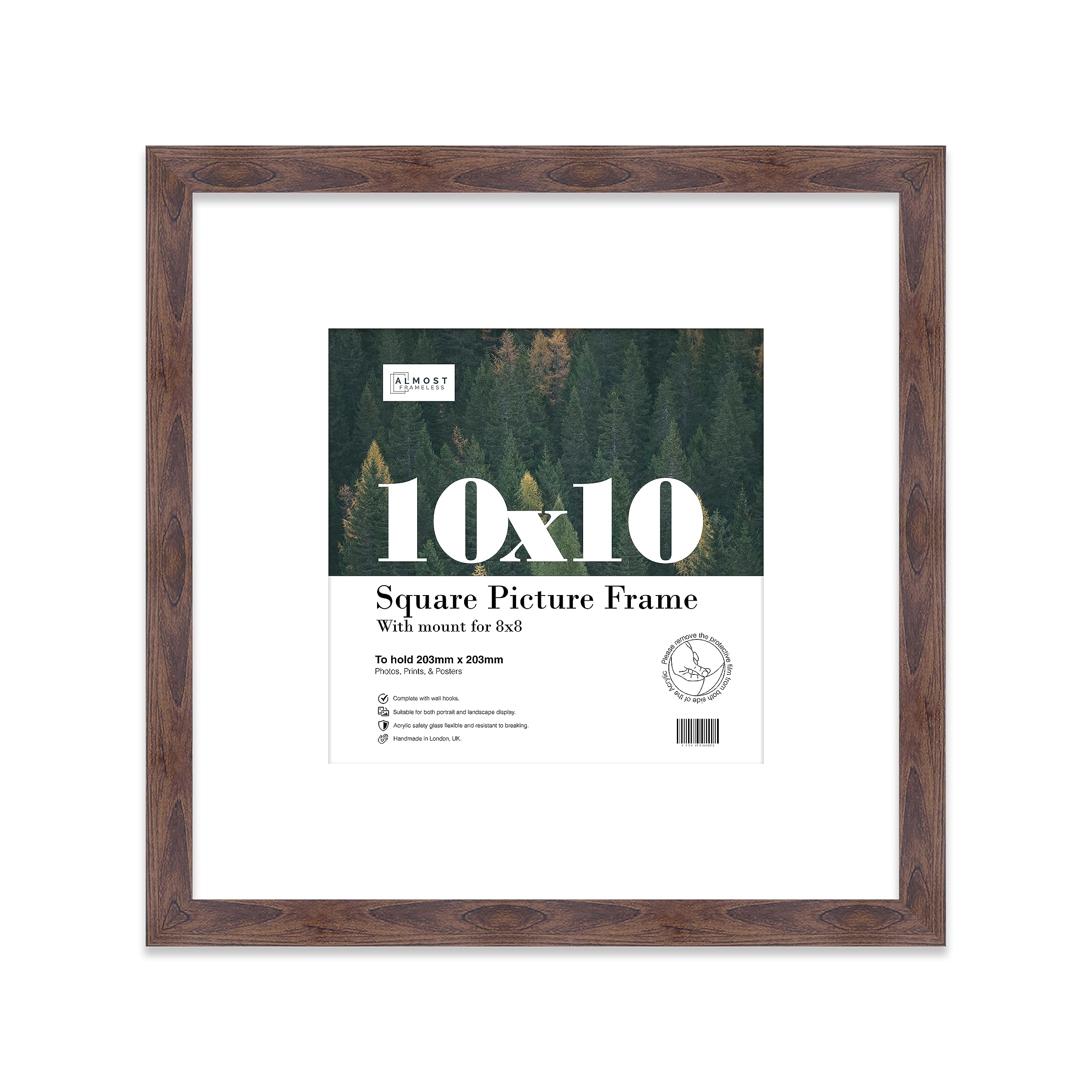 10x10 Walnut Picture Frame with Mount for 8x8 Photos, Prints - Modern Square Wall Frame, 1 Pack
