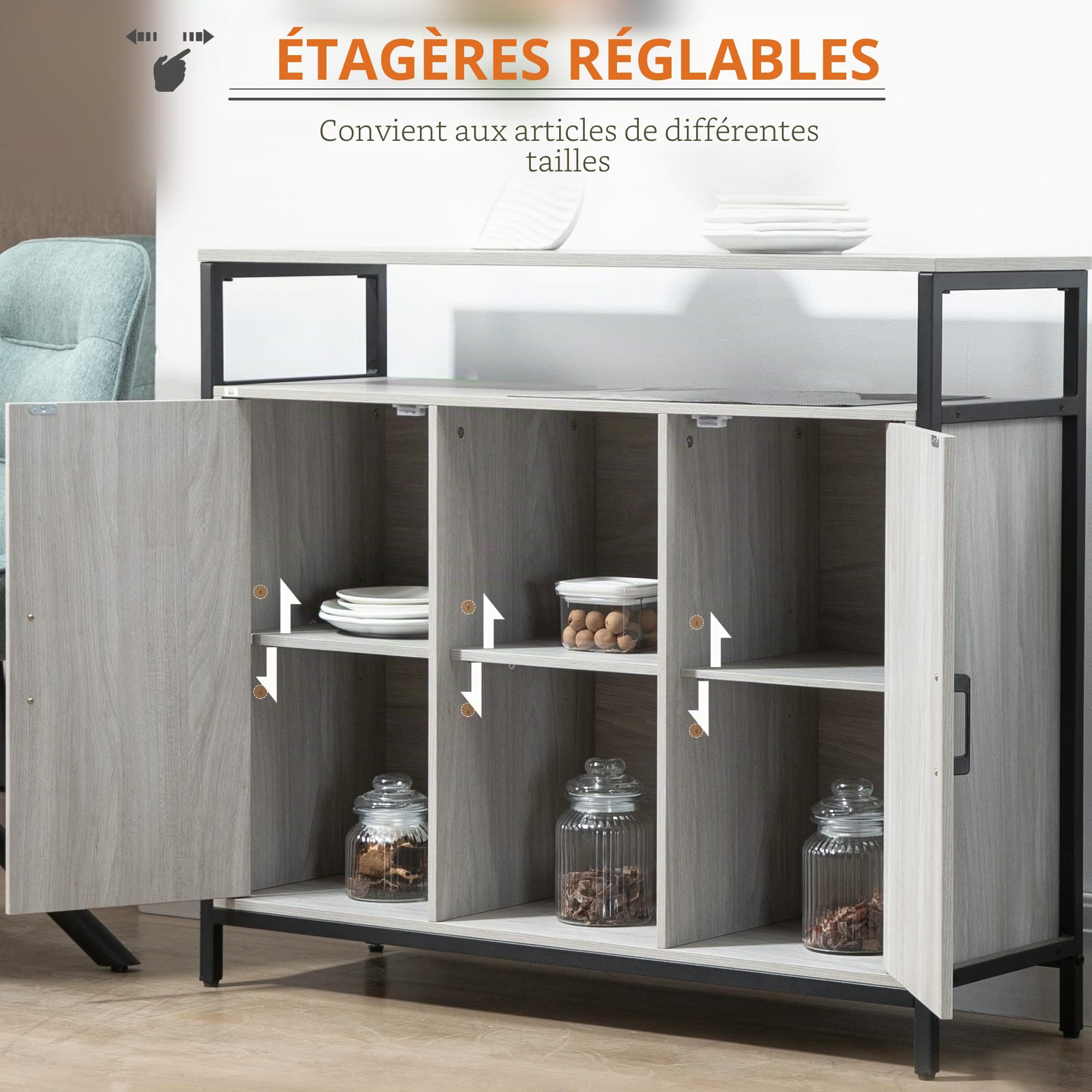 HOMCOM Buffet de Cuisine Moderne avec 2 Portes Gris Clair