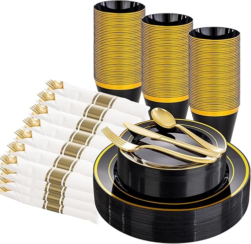 Miniatura 1 de Platos y tenedores plásticos para postre de brillantina dorada para invitados, platos para postre desechables de 6.5 pulgadas y tenedores pequeños,