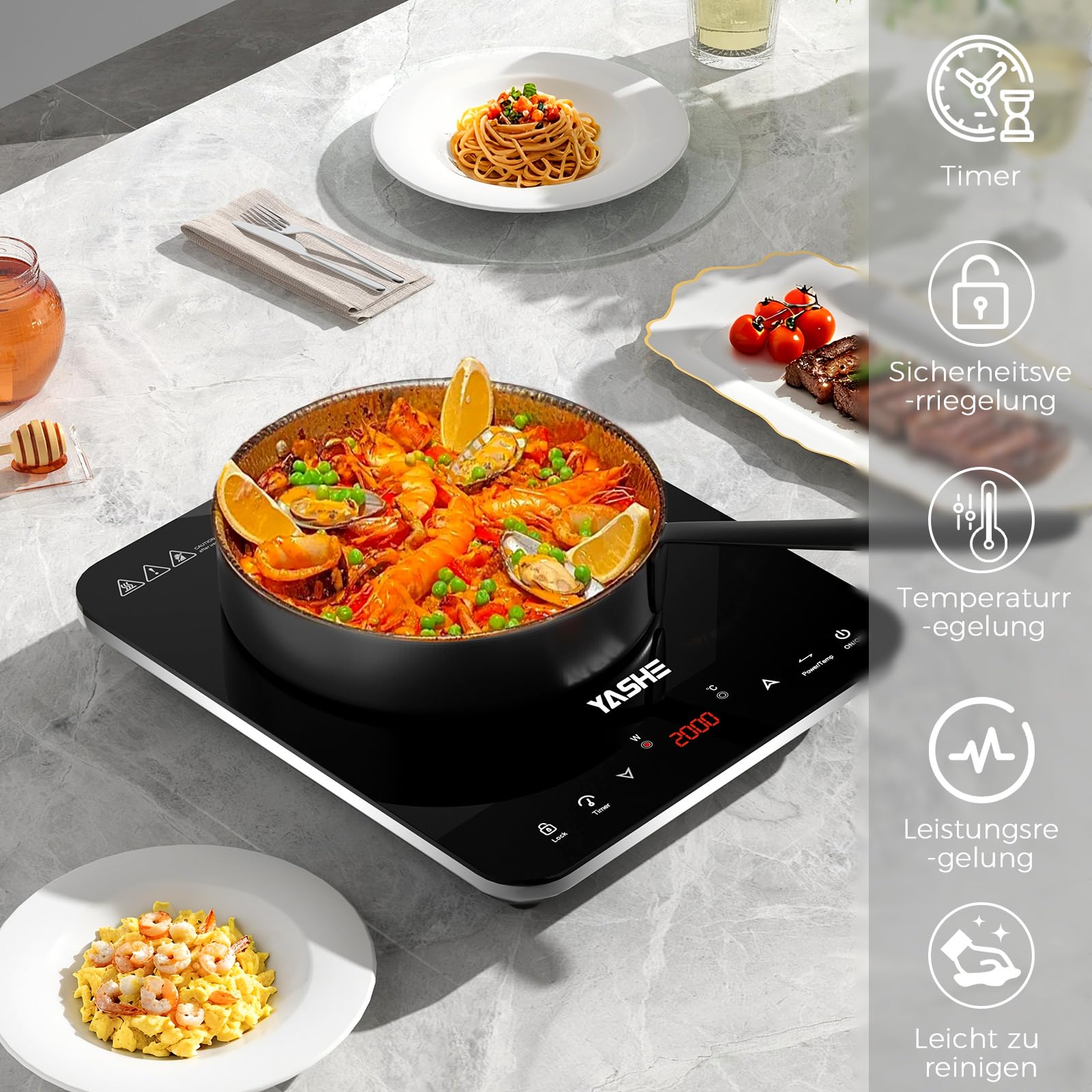 YASHE Induction Hob 2000W 1 Plate 10 Power Settings Timer Safety Lock