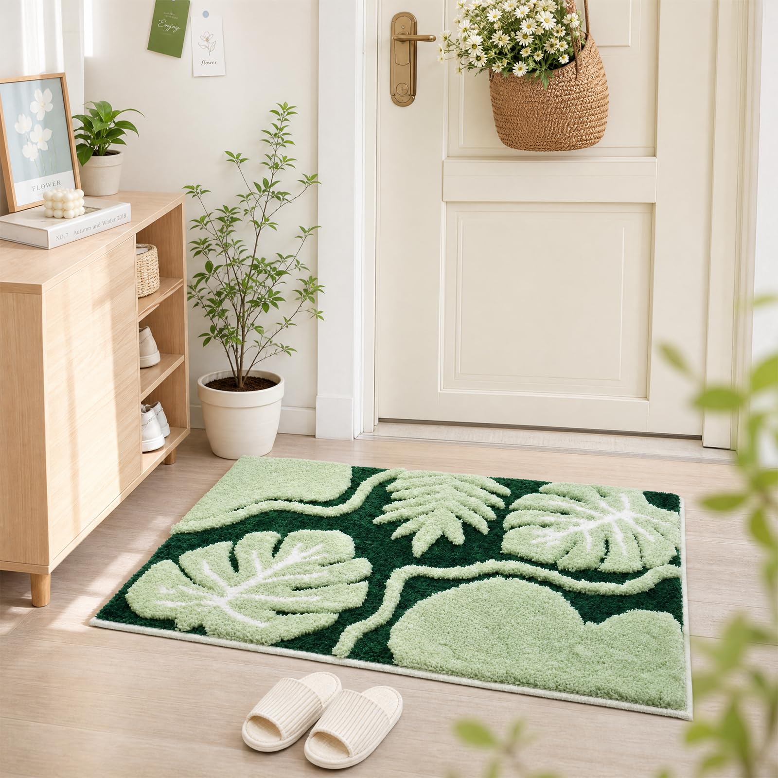 BLESWIN Tapis de Salle de Bain à Motif de Feuilles, 60 × 90 cm, Tapis de Salle de Bain antidérapant et Moelleux, fabriqué en Microfibres duveteuses, adapté à la Douche et à la Chambre,(Vert foncé)