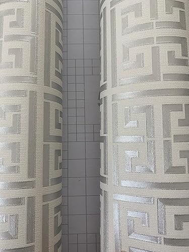 Miniatura 6 de Papel tapiz de 17.7 x 236.0 pulgadas, diseño de llave griega, papel tapiz autoadhesivo con diseño de enrejado geométrico, color plateado y blanco,
