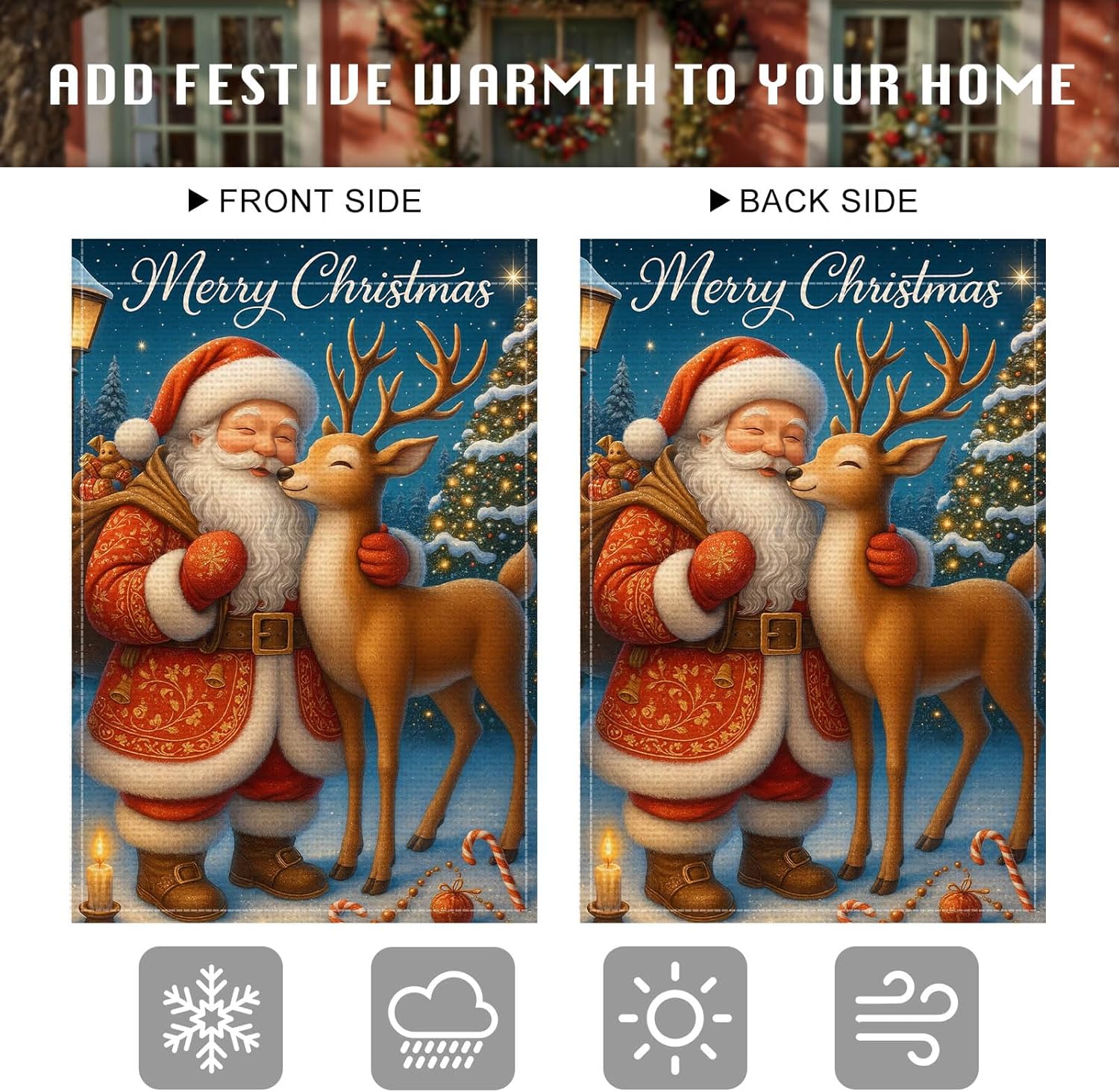 Merry Christmas Garden Flag Double Sided 12x18 Inch Burlap Holiday Garden Flag Santa and Reindeer Under Starry Sky Seasonal Banner for Indoor and Outdoor Decoration Yard Lawn Decor - Image 5