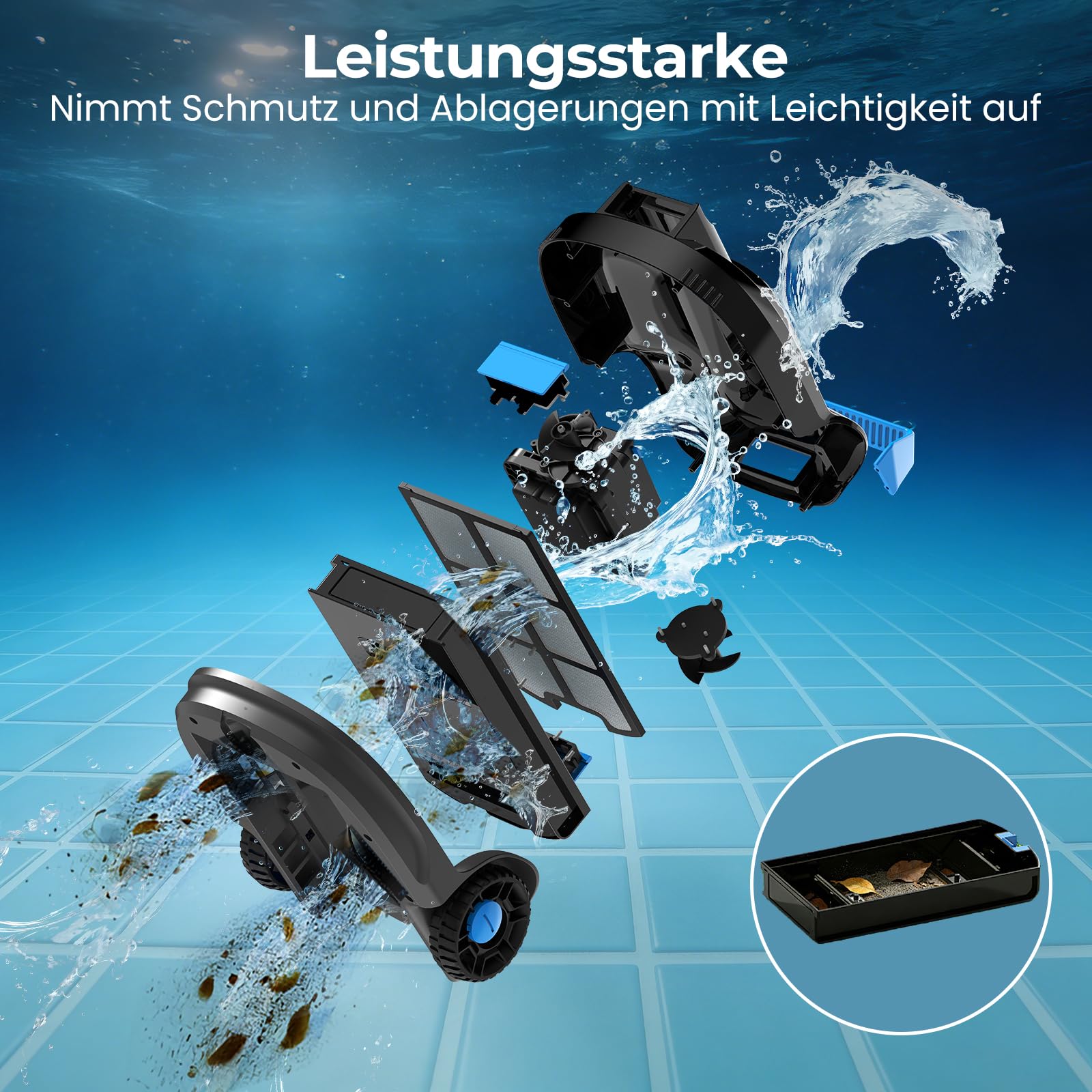 Poolroboter, Kabelloser Poolsauger Akku 5000 mAh, 120 Minuten Reinigungszeit, Automatische Reinigung mit Selbsteinparkfunktion, 6057 LPH Leistungsstarker Poolsauger für Pools 80 m², PC01