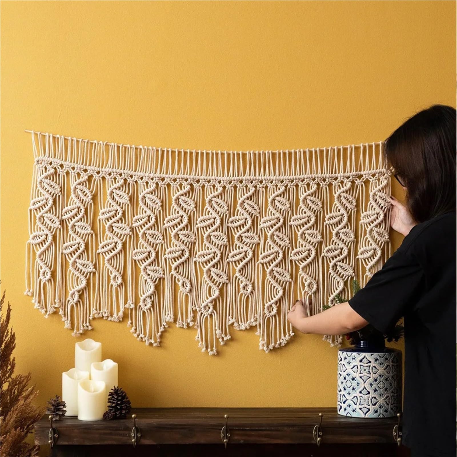 XCTDSVAH Tapisserie Macramé Rideau de tapisserie en macramé tissé à la main, décoration fenêtre salle séjour, arrière-plan maison(No wooden stick)