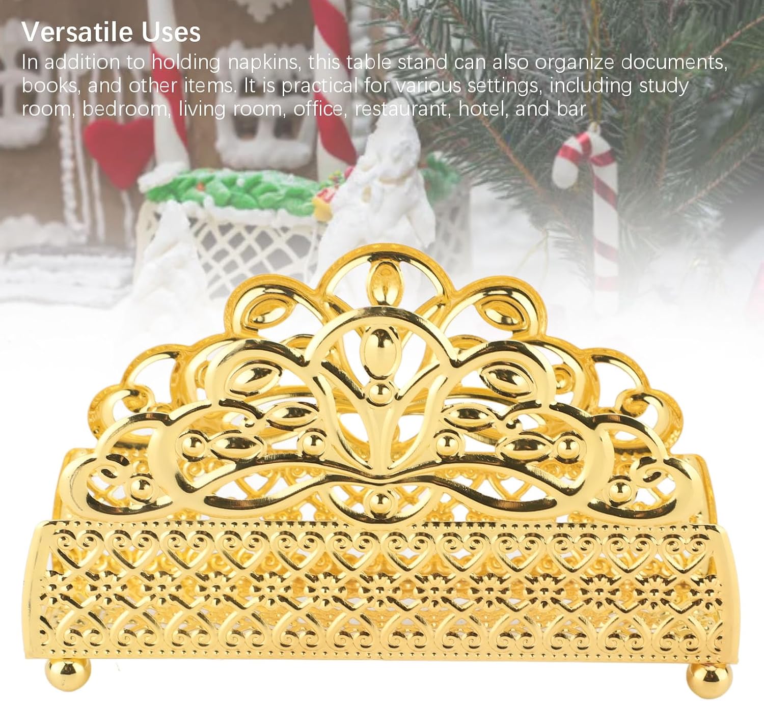 Standing Napkin Organizer, Anti Corrode Iron Material Versatile Uses Robust Metal Construction Desk Napkin Holder for Hotel Restaurant(Gold Plaid Pattern) (Grid Pattern) image 4