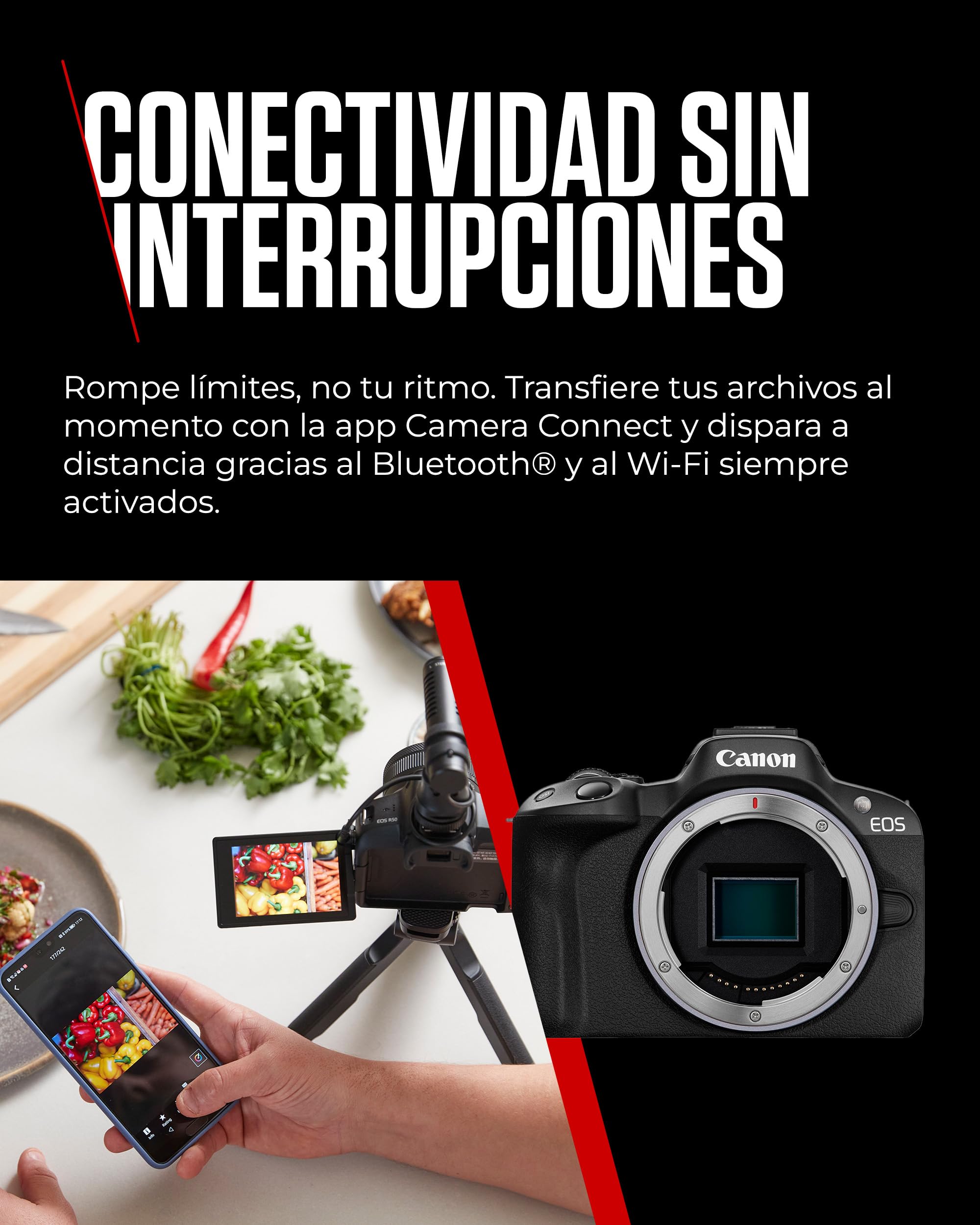 Canon EOS R50 Cuerpo Cámara Mirrorless + Objetivo RF-S 18-45 mm F4.5-6.3 IS STM + 2X Baterías (Kit de Batería Adicional), Cámara Evil APS-C (24,2 MP) -4 EV, Vídeo 4K 30 fps, Dual Pixel CMOS AF II