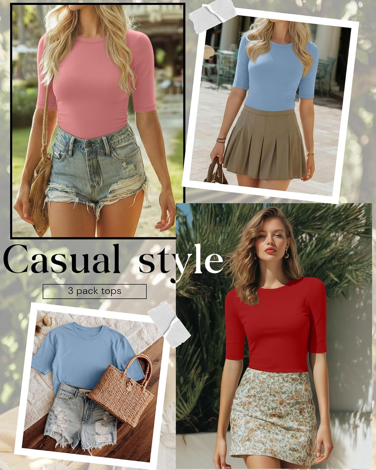 Riyiper 3 Pack Women's 1/2 Sleeve Tops Half Length Sleeve Cotton Crewneck T Shirts Slim Fit Casual Elbow Summer Basic Tees(Sky Blue, Coral Pink, Red,Medium) - Image 4