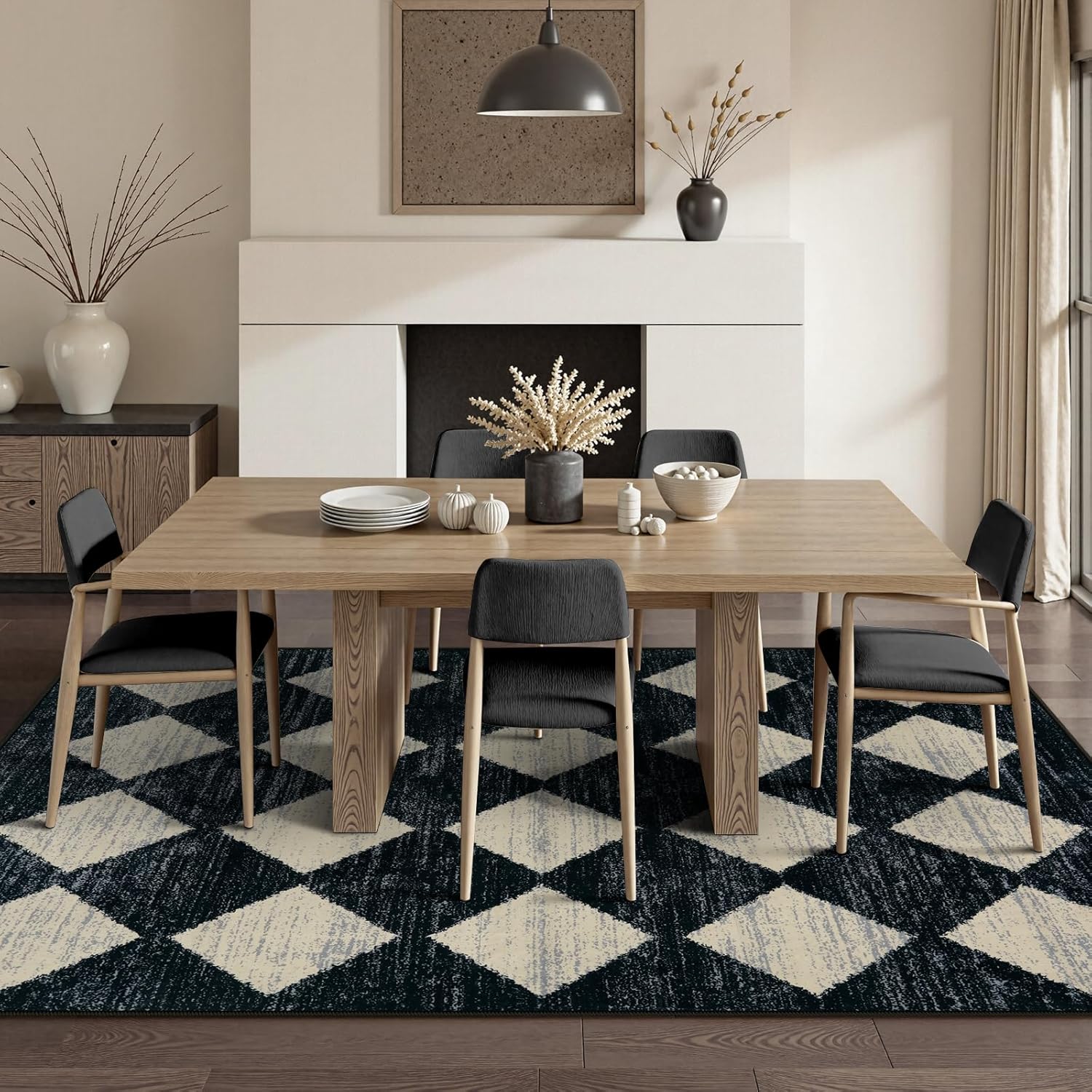 Lahome Moroccan Trellis Area Rug - 5x7 Black Washable Large Rugs for Bedroom Living Room Mat, Checkered Soft Non Slip Stain Resistance Indoor Accent Carpet for Dining Room Coffee Table