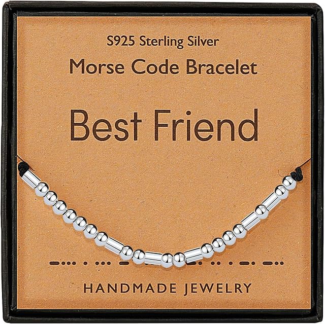 Gleamart Morse Code Bracelet 925 Sterling Silver Handmade Secret Message Beads Silk Cord Bangle for Her