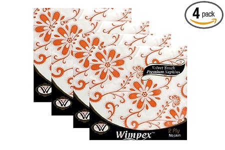 Wimpex Velvet Soft 2 Ply Ultra Soft Designer Paper Napkins - Set of 4 packs with 50 Serviettes each (Total 200 Serviettes) for Get Together, Daily Office and school use - 33 * 33cm