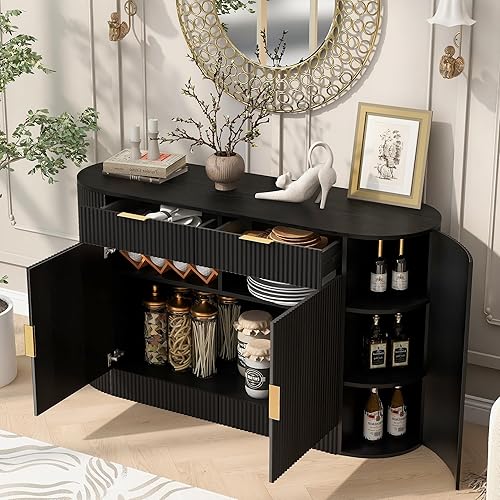 Miniatura 3 de Aparador de armario de almacenamiento curvado con 2 puertas y 2 cajones, mesa consola de entrada de madera de 55 pulgadas con puerta lateral curvada