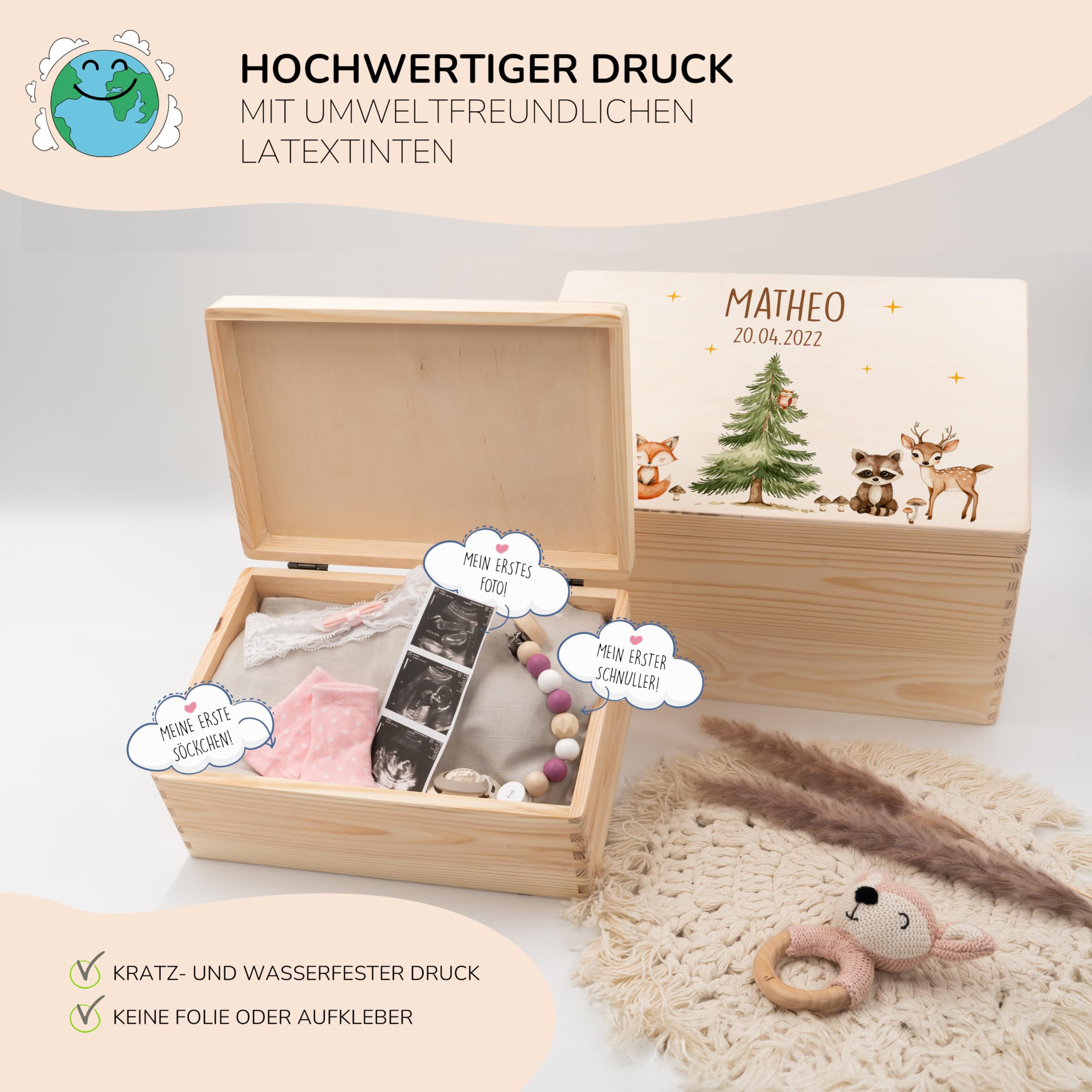 KIDSMOOD - Erinnerungsbox Baby, personalisierte Holzkiste mit Deckel, Ideal zur Aufbewahrung von Erinnerungen und als Geschenk zur Geburt, Taufe oder als Geburtstagsgeschenk für Mädchen und Jungen