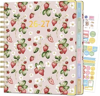 Planner 2026-2027, 8.1" x 9.2" Spiral Weekly Monthly Book | Jul 2026-Jun 2027, Gold Corners, Hardcover, No-Bleed Paper, Inner Pocket, Quotes, for School & Business, Strawberry