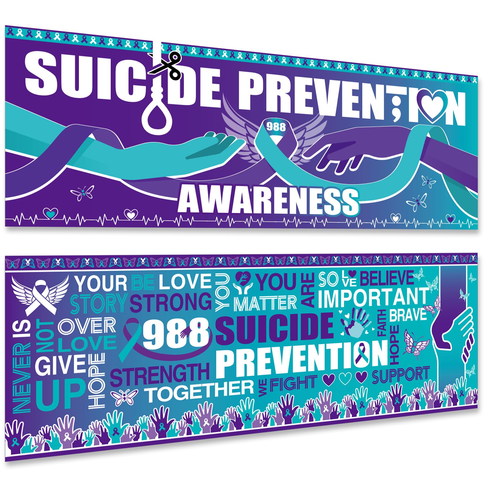 Harloon 2 Pcs Suicide Prevention Banner, Purple Teal Ribbon 988 Decoration