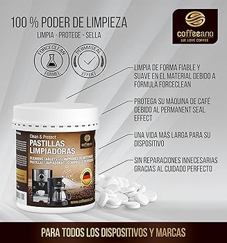 170 pastillas limpiadoras Coffeeano Clean&Protect para cafeteras automáticas y cafeteras. Pastillas limpiadoras aptas para todas las marcas y electrodomésticos. Incluye un libro electrónico1