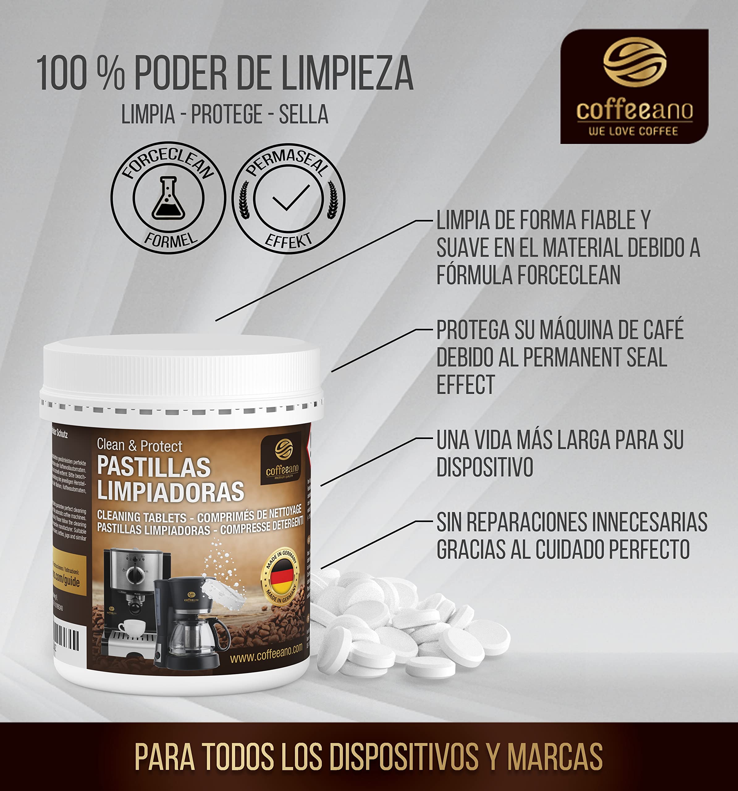 170 pastillas limpiadoras Coffeeano Clean&Protect para cafeteras automáticas y cafeteras. Pastillas limpiadoras aptas para todas las marcas y electrodomésticos. Incluye un libro electrónico