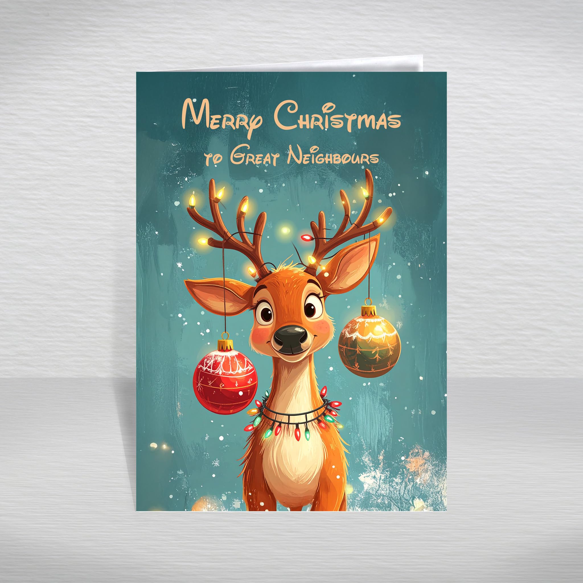 Christmas Card to Great Neighbours – Funny Reindeer with Baubles & Fairy Lights, A5 Cute Greeting Card with a Special Verse Inside: to Great Neighbours Christmas Card