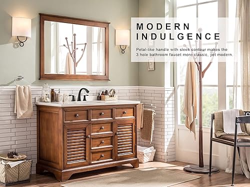 Miniatura 2 de Lava Odoro - Grifo de baño negro mate de 3 agujeros, grifo de baño amplio de 8 pulgadas, 2 asas, grifo de lavabo de baño con ensamblaje de drenaje