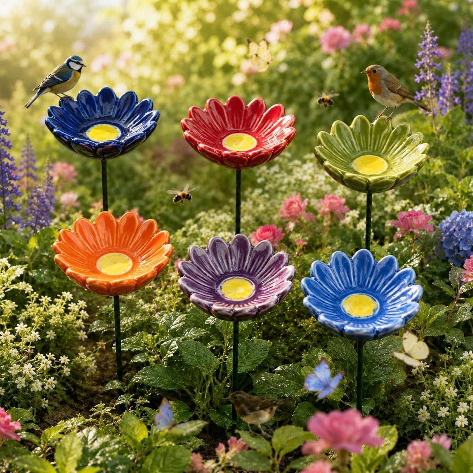 Bee Watering Station - 6 Pieces Ceramic Flower Shaped Bee Bath Cups With Stake | Handmade Pollinator Water Feeder For Bees Butterflies | Decorative Outdoor Ornament For Yard Patio Lawn