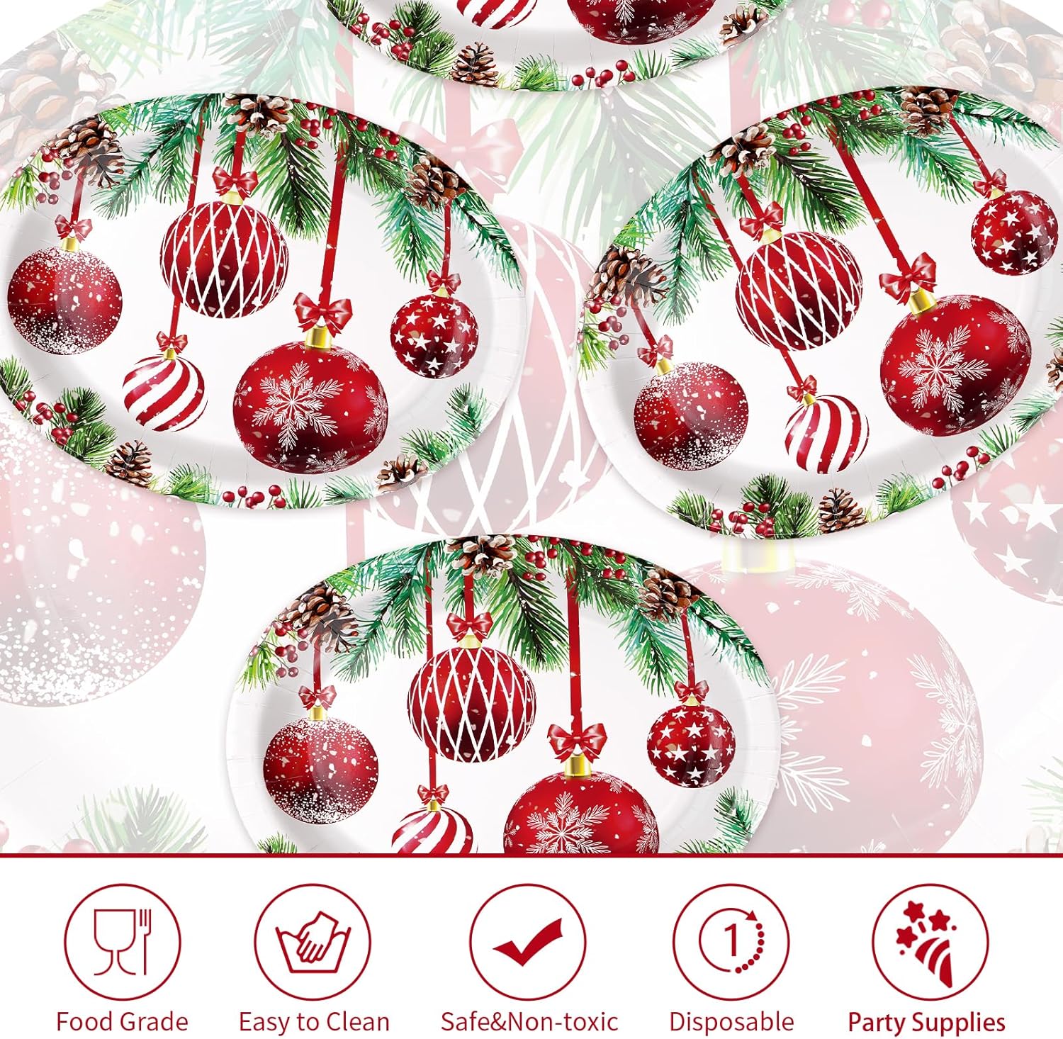 Grencian 50Pcs Christmas Paper Plates - Oval Dinner Plates, 10" x 12", Heavy Duty 400GSM, Red Christmas Balls for Merry Xmas Party Supplies
