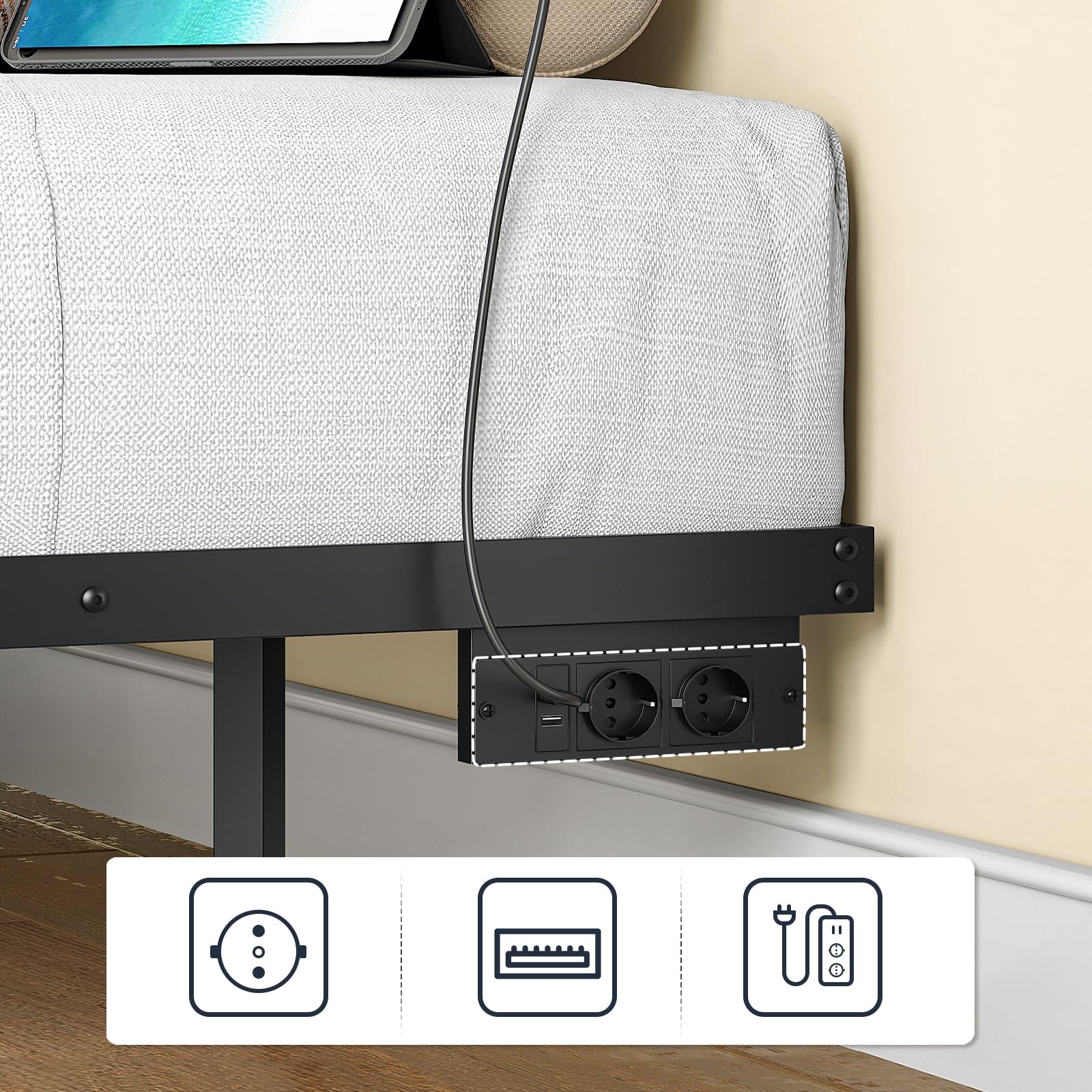 HOOBRO Bettgestell 180 x 200, Bett mit LED Beleuchtung und Ladestation, Schwebender Bettrahmen mit Lattenrost, Metallbett 180 x 200, Doppelbett(Ohne Matratze), für Schlafzimmer, Schwarz EBK024CDBF01