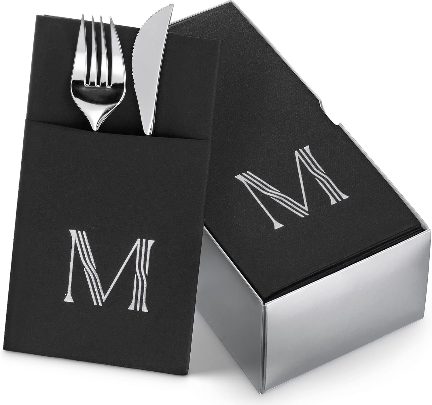 50-Pack Monogrammed Napkins Black With Pocket For Flatware, 16" x 16" Silver Foil Letter M Disposable Linen-Feel Napkins, Prefolded Silverware Pocket Napkins For wedding, Party Or Baby Shower