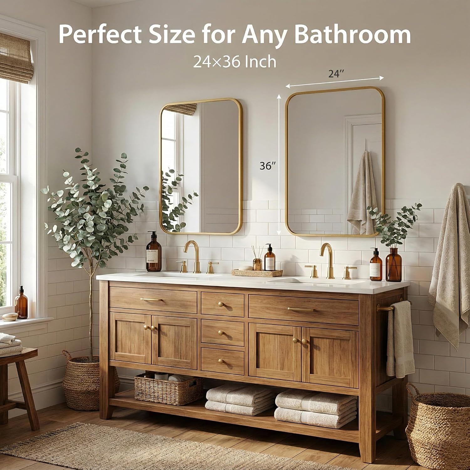 2 Pack Bathroom Mirrors for Over Sink, 24"x36" Gold Framed Vanity Mirror, Rounded Corner Rectangular Metal Mirror for Wall, Mid Century Modern Decor Gold 24" × 36"