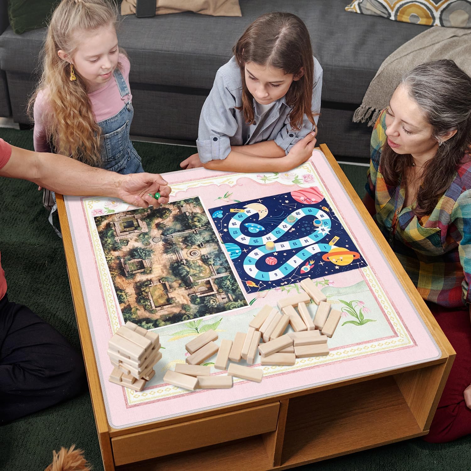 Pink and Green Chinoiserie Floral Mahjong Mat for Table 31.5 x 31.5 in, Asian Oriental Chinese Pink Floral Non-Slip Noise Reduction Game Table Cover for American Mahjong Card Board Tile Games