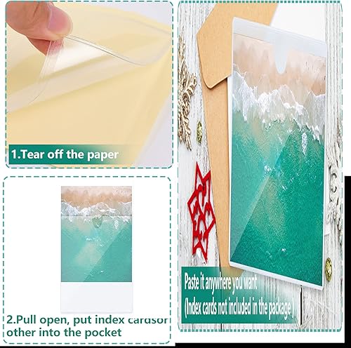 Miniatura 5 de Paquete de 45 bolsillos autoadhesivos para tarjetas de índice con parte superior abierta de plástico transparente para organizar y proteger tarjetas