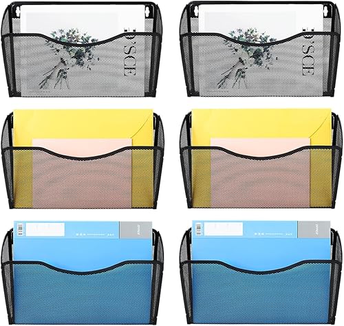 PAG 6 bolsillos para archivadores de pared, organizador de archivos colgante de oficina, estante de metal para revistas, color negro