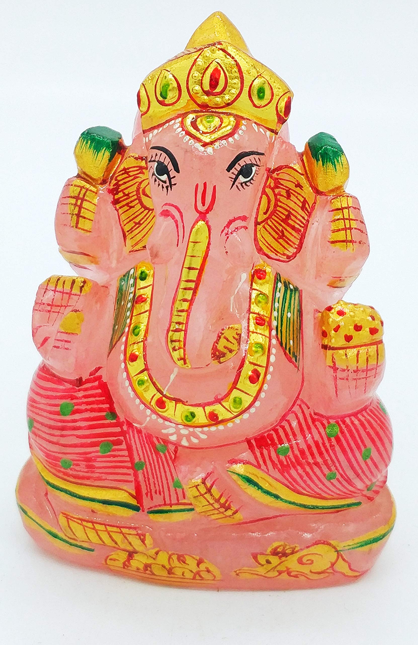 RDK Handcarved Rose Quartz Gemstone Lord Ganesh Ganpati Statue Murti Spiritual Decorative Stone Figurine for Reiki Healing Home Décor Pooja Car Dashboard (280-300 Gram)