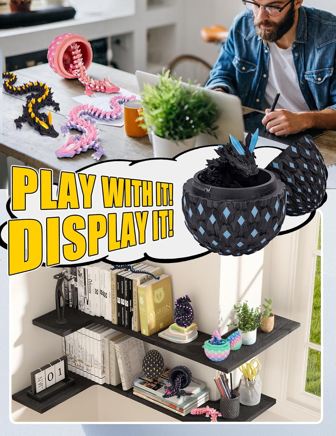 3D Printed Dragon Eggs Glow in The Dark Prefilled Easter Eggs with Dragon Toy for Basket Stuffers 3D Printed Animals for Goodie Bag Fillers Unique Easter Basket Essentials for Kids Teens