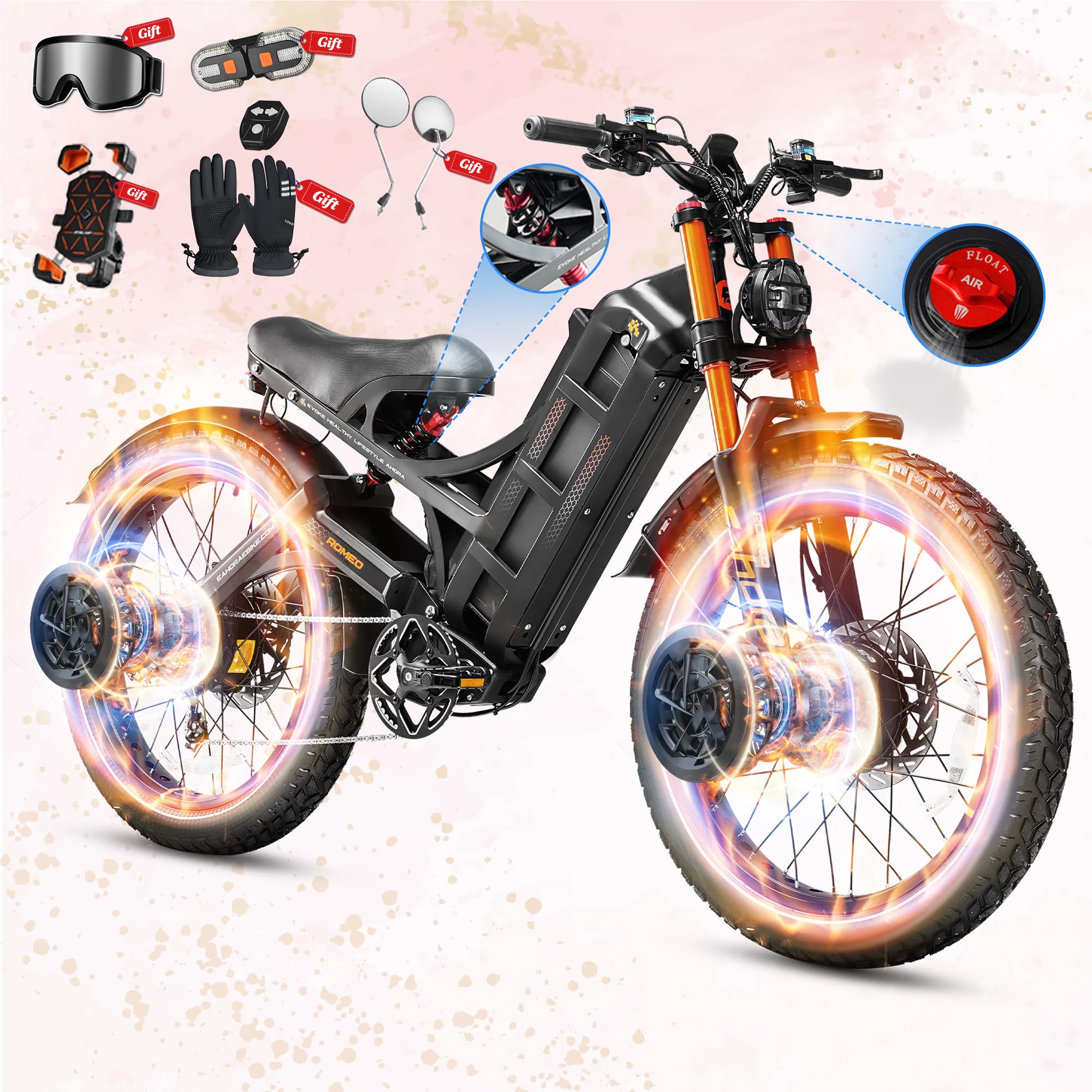 2026 Romeo Pro 3/2 50-46Mph Electric Bike for Adults 5600W/4000W/2500W Dual Motor Ebike 60V/80Ah 52V/70Ah Long Range Fat Tire Full Suspension Electric Mountain Bicycle