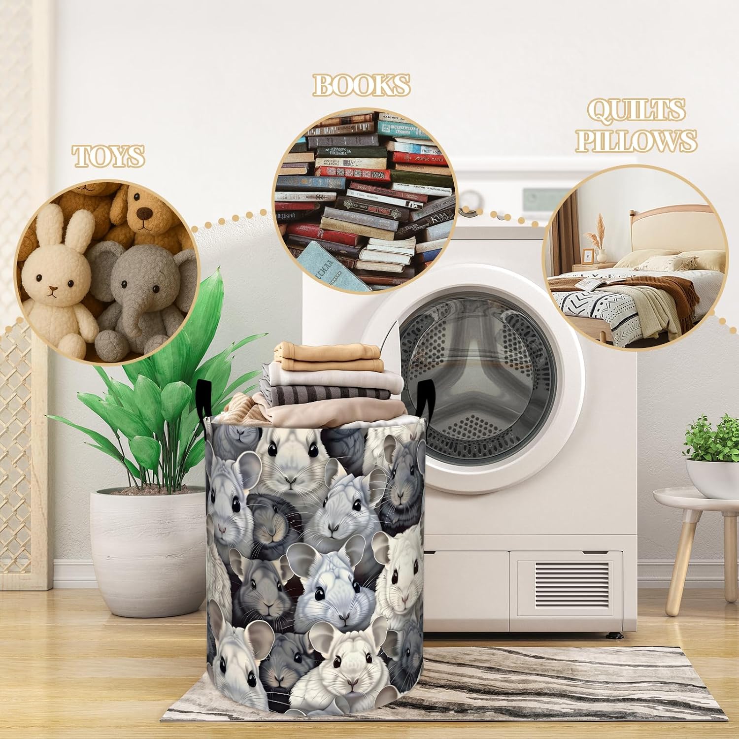Cute Chinchilla Laundry Basket, Dorm Nursery Foldable Laundry Hamper Organizer for Bathroom Decor, Toy Clothes Storage Box for Bedroom 19.7x15.7 Inch image 3