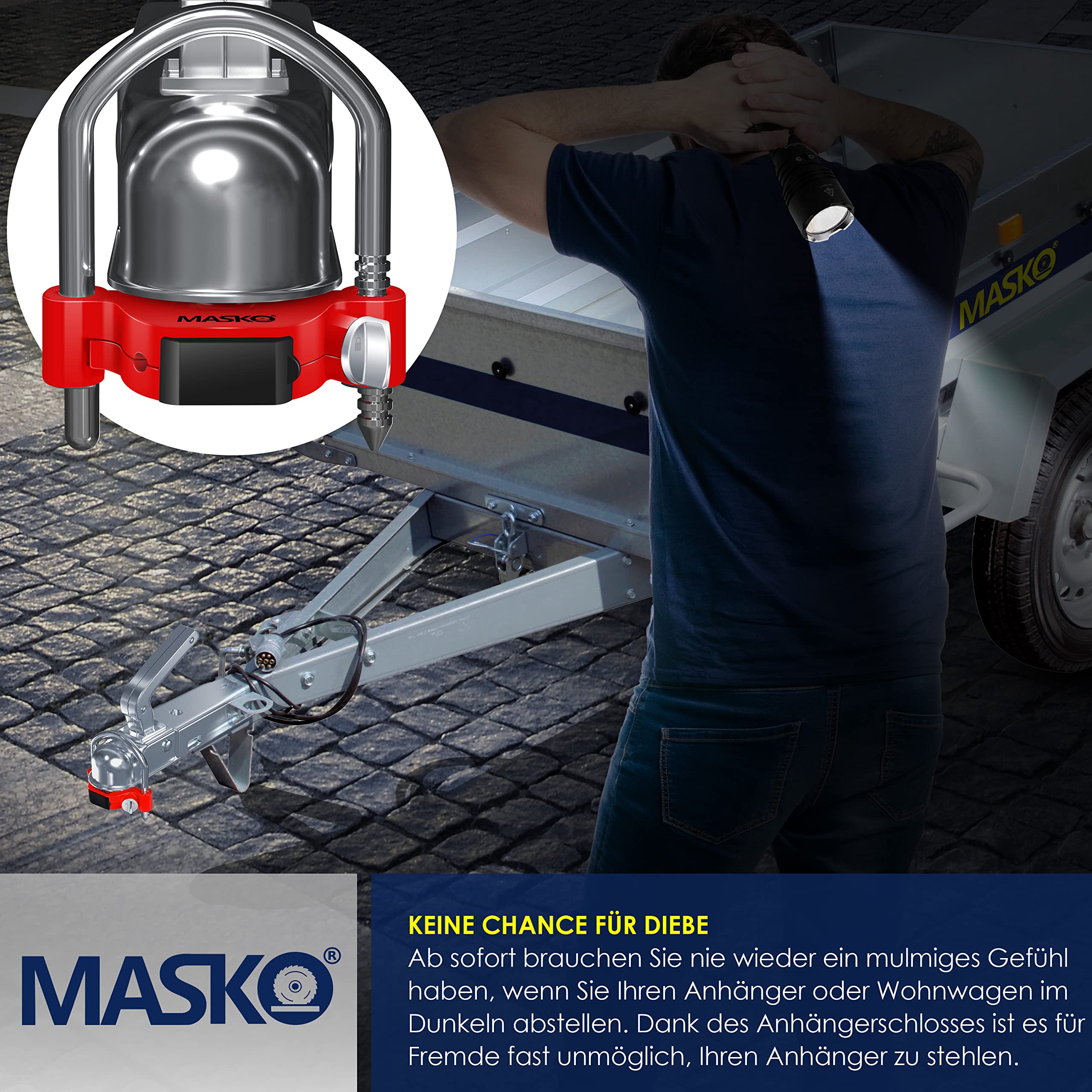 MASKO® Antivol à combinaison avec code à 4 chiffres pour attelage de remorque courants - Montage facile - Protection antivol - Caravane - Anse de remorquage - Anse en acier - Rouge