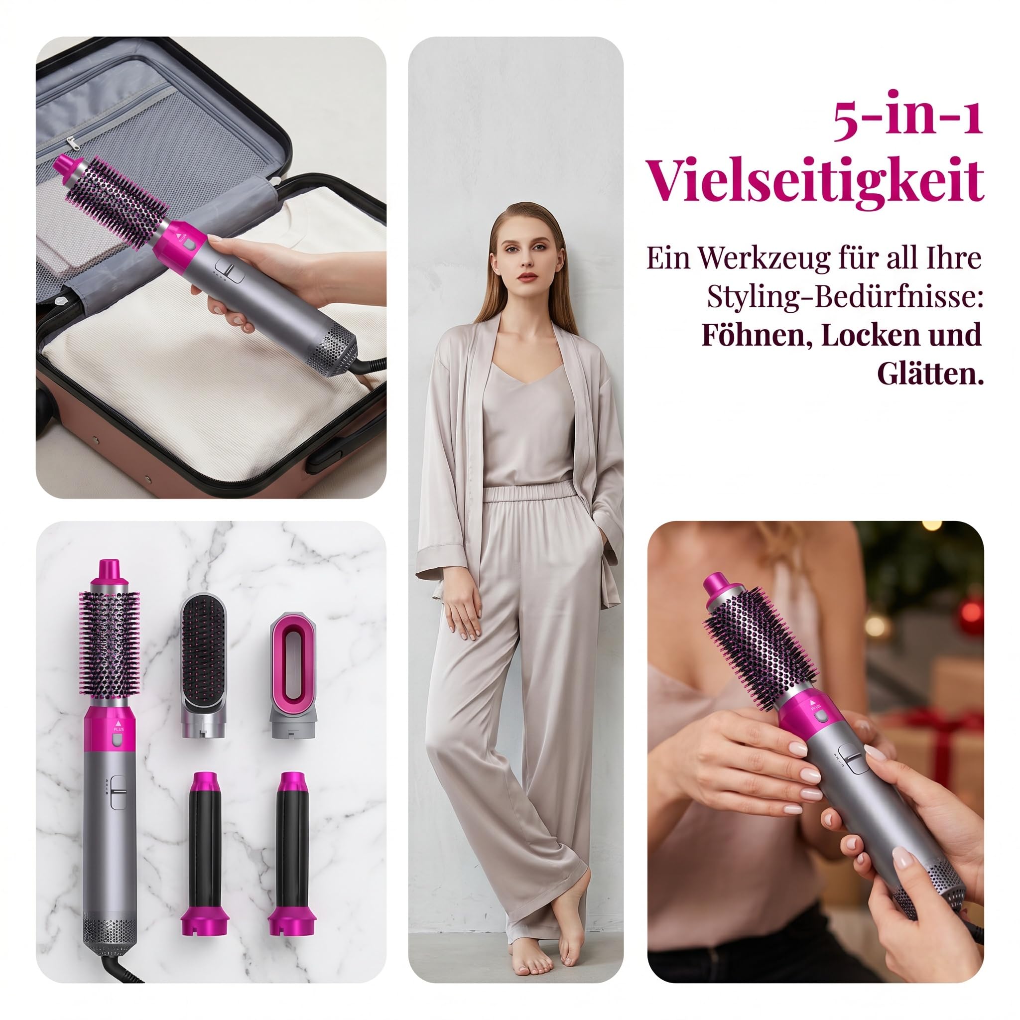 5 in 1 Hairstyler Set - Air Styler set mit 1000W Warmluftbürste mit Föhn, Lockenstab, Glättbürste – Trocknen, Glätten, Locken für alle Haartypen, Luftcurler Stylinggerät