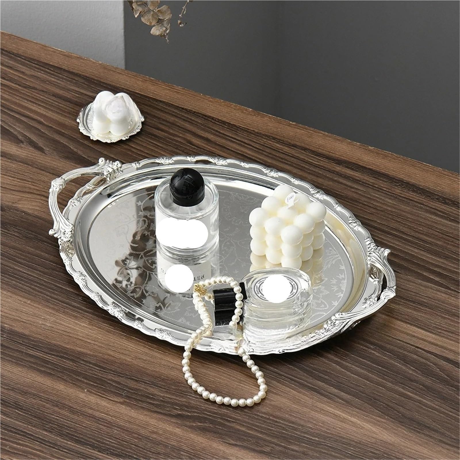 Bandeja Metálica con Asas Bandeja de exhibición postres, Organizador Almacenamiento Joyas con Fondo Plateado y Borde Dorado, Bandeja decoración celebración(M 31.5x40cm)