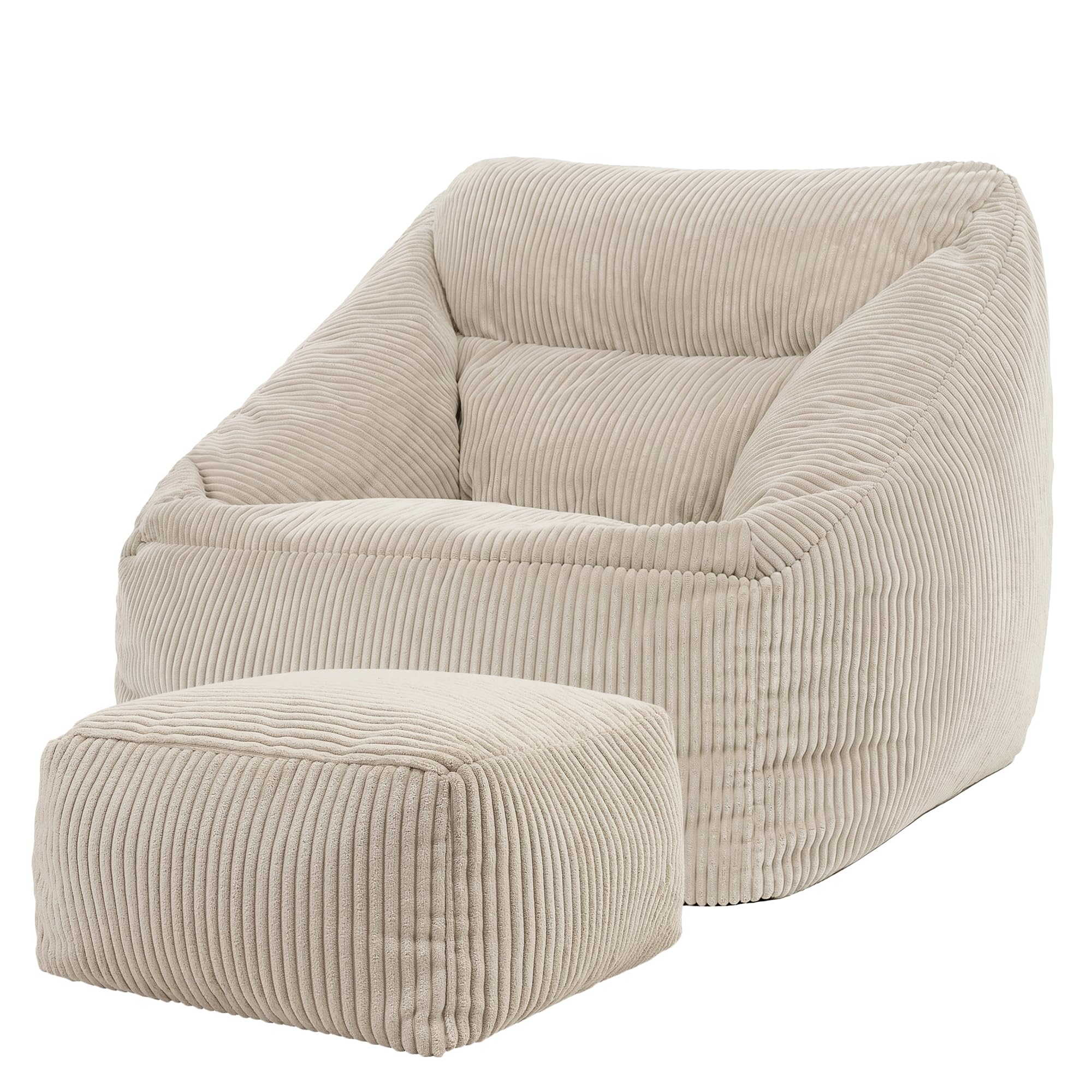 Icon Natalia Sitzsack Sessel mit Hocker für Erwachsene, Beige, Flauschiger Cord Stoff, Riesen Sitzsack Cord mit Füllung, Bean Bag Chair, Bequemer Sessel Wohnzimmer, Lounge, Schlafzimmer, Büro